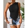 imageOYOANGLE Womens One Shoulder Ruched Top Asymmetrical Hem Sleeveless Slim Fit Solid Tank TopsBlack