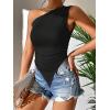 imageOYOANGLE Womens One Shoulder Ruched Top Asymmetrical Hem Sleeveless Slim Fit Solid Tank TopsBlack