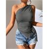 imageOYOANGLE Womens One Shoulder Ruched Top Asymmetrical Hem Sleeveless Slim Fit Solid Tank TopsGrey