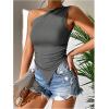 imageOYOANGLE Womens One Shoulder Ruched Top Asymmetrical Hem Sleeveless Slim Fit Solid Tank TopsGrey