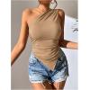 imageOYOANGLE Womens One Shoulder Ruched Top Asymmetrical Hem Sleeveless Slim Fit Solid Tank TopsKhaki
