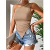 imageOYOANGLE Womens One Shoulder Ruched Top Asymmetrical Hem Sleeveless Slim Fit Solid Tank TopsKhaki