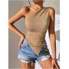 imageOYOANGLE Womens One Shoulder Ruched Top Asymmetrical Hem Sleeveless Slim Fit Solid Tank TopsKhaki