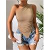 imageOYOANGLE Womens One Shoulder Ruched Top Asymmetrical Hem Sleeveless Slim Fit Solid Tank TopsKhaki