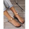 imageOYOANGLE Womens Pearl Decor Clear Straps Open Toe Flat Sandals Leather Outdoor Beach SandalsBlack