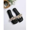 imageOYOANGLE Womens Rhinestone Flower Decor Clear Strap Sandals Square Toe Flat SandalsBlack