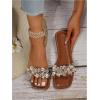 imageOYOANGLE Womens Rhinestone Flower Decor Clear Strap Sandals Square Toe Flat SandalsBrown