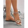 imageOYOANGLE Womens Rhinestone Flower Decor Clear Strap Sandals Square Toe Flat SandalsGreen