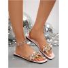 imageOYOANGLE Womens Rhinestone Flower Decor Clear Strap Sandals Square Toe Flat SandalsPink