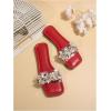 imageOYOANGLE Womens Rhinestone Flower Decor Clear Strap Sandals Square Toe Flat SandalsRed