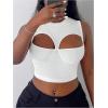 imageOYOANGLE Womens Ribbed Knit Cut Out Tank Top Crew Neck Sleeveless Party Crop TopsWhite