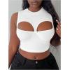 imageOYOANGLE Womens Ribbed Knit Cut Out Tank Top Crew Neck Sleeveless Party Crop TopsWhite