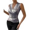 imageOYOANGLE Womens Semi Sheer Surplice Neck Sleeveless Tank Top Slim Fit Wrap Vest TopsBlack