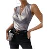 imageOYOANGLE Womens Semi Sheer Surplice Neck Sleeveless Tank Top Slim Fit Wrap Vest TopsBlack