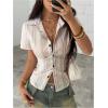 imageOYOANGLE Womens Striped Button Down Blouse Short Sleeve Collared Tops Dressy Casual ShirtMustard Yellow
