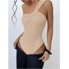 imageOYOANGLE Womens Textured One Shoulder Twist Front Ruched Bodysuit Sleeveless Tank Top Body SuitsApricot