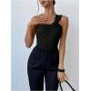 imageOYOANGLE Womens Textured One Shoulder Twist Front Ruched Bodysuit Sleeveless Tank Top Body SuitsBlack