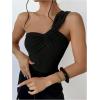 imageOYOANGLE Womens Textured One Shoulder Twist Front Ruched Bodysuit Sleeveless Tank Top Body SuitsBlack