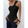 imageOYOANGLE Womens Textured One Shoulder Twist Front Ruched Bodysuit Sleeveless Tank Top Body SuitsBlack