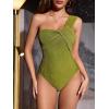 imageOYOANGLE Womens Textured One Shoulder Twist Front Ruched Bodysuit Sleeveless Tank Top Body SuitsGreen