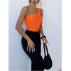 imageOYOANGLE Womens Textured One Shoulder Twist Front Ruched Bodysuit Sleeveless Tank Top Body SuitsOrange