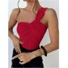 imageOYOANGLE Womens Textured One Shoulder Twist Front Ruched Bodysuit Sleeveless Tank Top Body SuitsRed