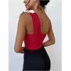 imageOYOANGLE Womens Textured One Shoulder Twist Front Ruched Bodysuit Sleeveless Tank Top Body SuitsRed