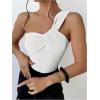 imageOYOANGLE Womens Textured One Shoulder Twist Front Ruched Bodysuit Sleeveless Tank Top Body SuitsWhite