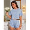 imageOYOANGLE Womens Two Piece Pajama Set Striped Print Crew Neck Short Sleeve Tee and Side Split Shorts SetBlue