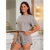 imageOYOANGLE Womens Two Piece Pajama Set Striped Print Crew Neck Short Sleeve Tee and Side Split Shorts SetBrown