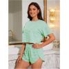 imageOYOANGLE Womens Two Piece Pajama Set Striped Print Crew Neck Short Sleeve Tee and Side Split Shorts SetGreen