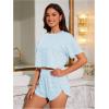 imageOYOANGLE Womens Two Piece Pajama Set Striped Print Crew Neck Short Sleeve Tee and Side Split Shorts SetLight Blue
