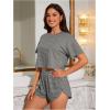 imageOYOANGLE Womens Two Piece Pajama Set Striped Print Crew Neck Short Sleeve Tee and Side Split Shorts SetLight Grey