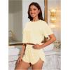 imageOYOANGLE Womens Two Piece Pajama Set Striped Print Crew Neck Short Sleeve Tee and Side Split Shorts SetLight Yellow