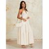 imageOYOANGLE Womens V Neck Tie Backless Halter Dress Ruched Flowy Wedding Vacation Maxi DressesBeige