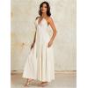 imageOYOANGLE Womens V Neck Tie Backless Halter Dress Ruched Flowy Wedding Vacation Maxi DressesBeige