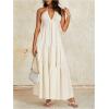 imageOYOANGLE Womens V Neck Tie Backless Halter Dress Ruched Flowy Wedding Vacation Maxi DressesBeige