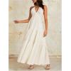 imageOYOANGLE Womens V Neck Tie Backless Halter Dress Ruched Flowy Wedding Vacation Maxi DressesBeige