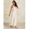 imageOYOANGLE Womens V Neck Tie Backless Halter Dress Ruched Flowy Wedding Vacation Maxi DressesBeige