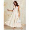 imageOYOANGLE Womens V Neck Tie Backless Halter Dress Ruched Flowy Wedding Vacation Maxi DressesBeige