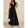 imageOYOANGLE Womens V Neck Tie Backless Halter Dress Ruched Flowy Wedding Vacation Maxi DressesBlack