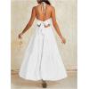 imageOYOANGLE Womens V Neck Tie Backless Halter Dress Ruched Flowy Wedding Vacation Maxi DressesWhite