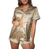imageOYOANGLE Womens 2 Piece Satin Pajamas Set Leopard Button Shirt Shorts Set LoungewearKhaki