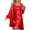imageOYOANGLE Womens 2 Piece Satin Robe Set Mesh Floral Trim Chemise and Long Sleeve Kimono Pajama SetsRed
