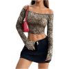 imageOYOANGLE Womens All Over Print Off Shoulder Long Sleeve T Shirts Slim Fit Casual Crop Tee TopsKhaki Brown