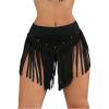 imageOYOANGLE Womens Beaded Fringe Trim Mini Skirt Suede Low Waist Flared Cowgirl Short SkirtsBlack