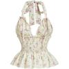 imageOYOANGLE Womens Boho Floral Print Tie Backless Halter Cami Tops Sleeveless Shirred Ruffle Peplum TopBeige