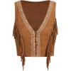 imageOYOANGLE Womens Button Front Fringe Cowgirl Vest Embroidered V Neck Sleeveless Crop Jackets Brown Small