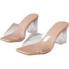 imageOYOANGLE Womens Clear Single Band Mid Block Heeled Sandals Square Open Toe Transparent Heel SandalsApricot