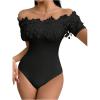 imageOYOANGLE Womens Elegant Floral Appliques Off Shoulder Short Sleeve Bodysuit Leotard TopsBlack